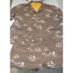 Vintage 50s McGregor Cabana Terry Cloth Lined Shirt and Trunks Set Sailing Ships